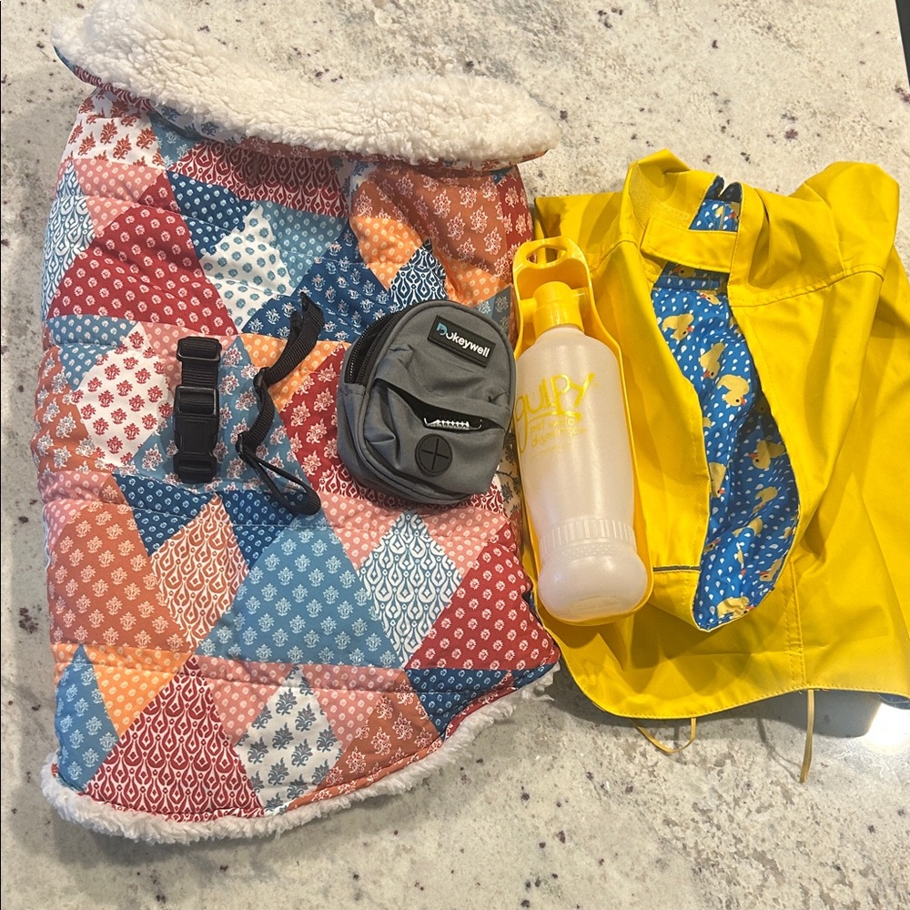 Dog jackets, sweater, poop bag holder, travel water bottle, collar attachments